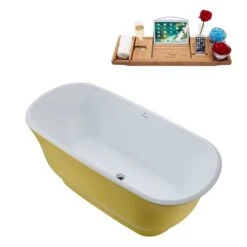 Streamline 28W X 59L Matte Yellow Acrylic Bathtub And A Polished Chrome Center Drain With Tray