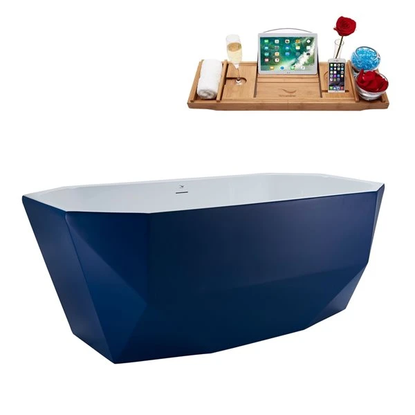 Streamline 29W X 63L Matte Dark Blue Acrylic Bathtub And A Glossy White Center Drain With Tray - Image 3