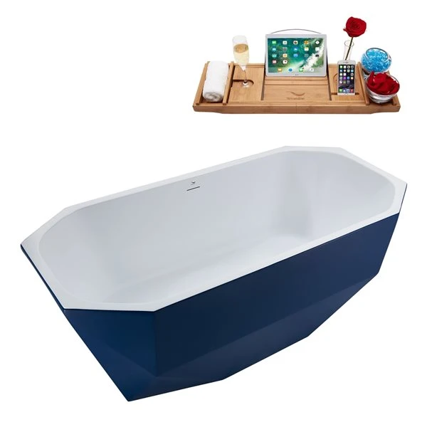 Streamline 29W X 63L Matte Dark Blue Acrylic Bathtub And A Glossy White Center Drain With Tray - Image 2