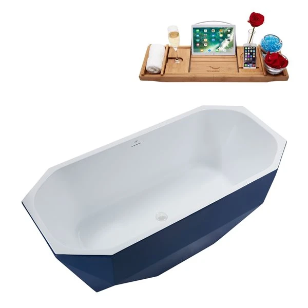 Streamline 29W X 63L Matte Dark Blue Acrylic Bathtub And A Glossy White Center Drain With Tray