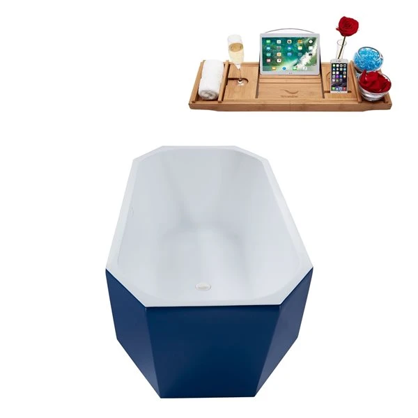 Streamline 29W X 63L Matte Dark Blue Acrylic Bathtub And A Glossy White Center Drain With Tray - Image 5