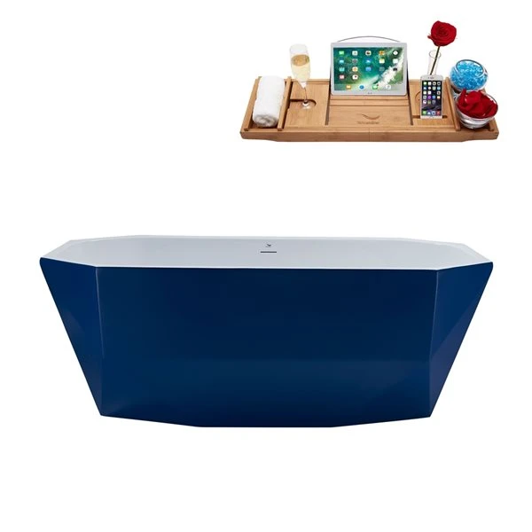 Streamline 29W X 63L Matte Dark Blue Acrylic Bathtub And A Glossy White Center Drain With Tray - Image 4