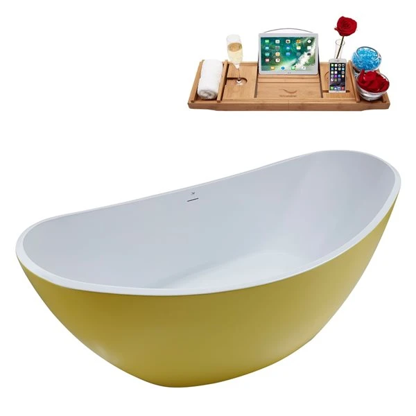 Streamline 35W X 75L Matte Yellow Acrylic Bathtub And A Matte Black Center Drain With Tray