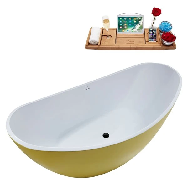 Streamline 35W X 75L Matte Yellow Acrylic Bathtub And A Matte Black Center Drain With Tray - Image 3