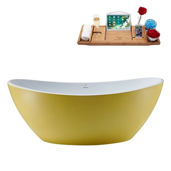 Streamline 35W X 75L Matte Yellow Acrylic Bathtub And A Matte Black Center Drain With Tray - Image 4