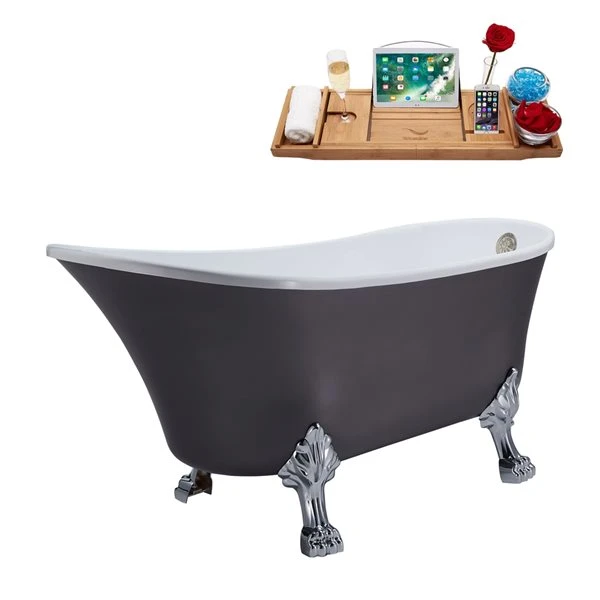 Streamline 27W X 55L Matte Grey Acrylic Clawfoot Bathtub With Polished Chrome Feet And Reversible Drain With Tray - Image 2