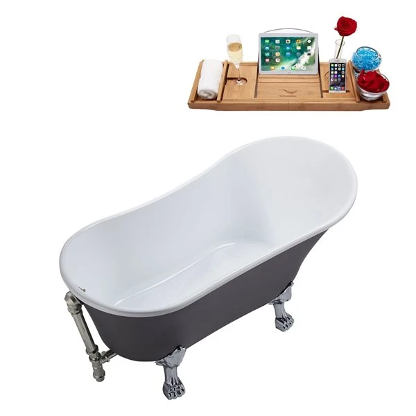 Streamline 27W X 55L Matte Grey Acrylic Clawfoot Bathtub With Polished Chrome Feet And Reversible Drain With Tray - Image 4