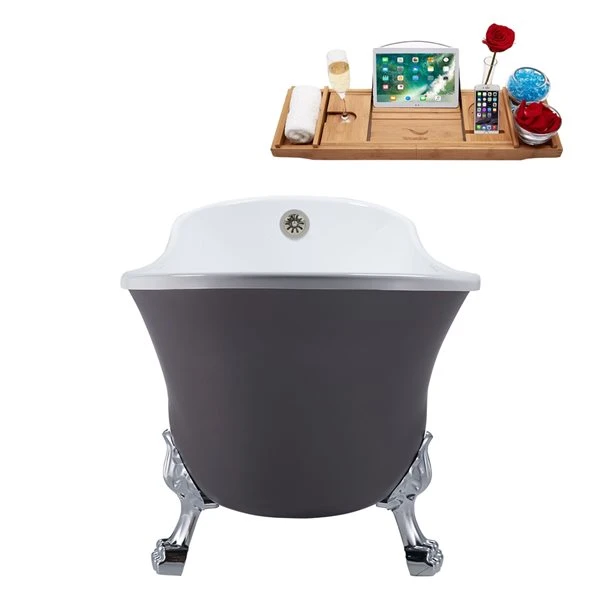 Streamline 27W X 55L Matte Grey Acrylic Clawfoot Bathtub With Polished Chrome Feet And Reversible Drain With Tray - Image 3
