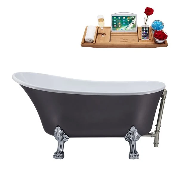 Streamline 27W X 55L Matte Grey Acrylic Clawfoot Bathtub With Polished Chrome Feet And Reversible Drain With Tray - Image 5