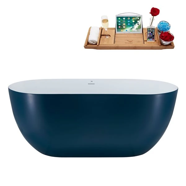 Streamline 28W X 59L Matte Light Blue Acrylic Bathtub And A Matte Black Center Drain With Tray - Image 2