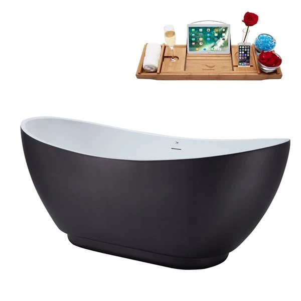 Streamline 28W X 62L Matte Grey Acrylic Bathtub And A Matte Black Center Drain With Tray - Image 4