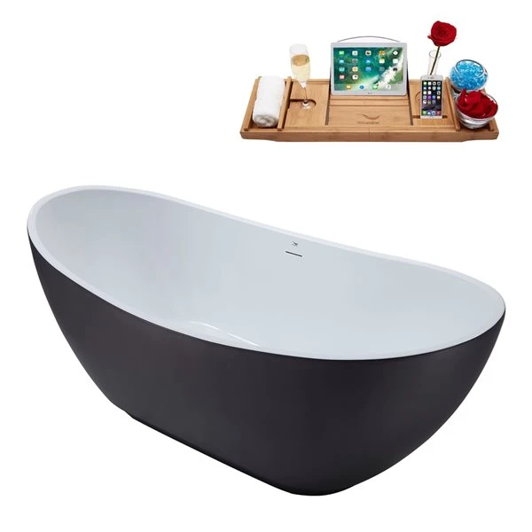 Streamline 28W X 62L Matte Grey Acrylic Bathtub And A Matte Black Center Drain With Tray - Image 2