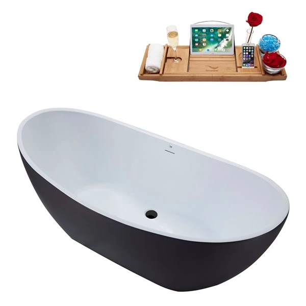 Streamline 28W X 62L Matte Grey Acrylic Bathtub And A Matte Black Center Drain With Tray