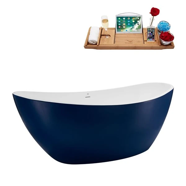 Streamline 35W X 75L Matte Dark Blue Acrylic Bathtub And A Matte Black Center Drain With Tray - Image 5