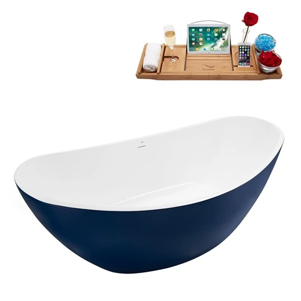 Streamline 35W X 75L Matte Dark Blue Acrylic Bathtub And A Matte Black Center Drain With Tray - Image 3