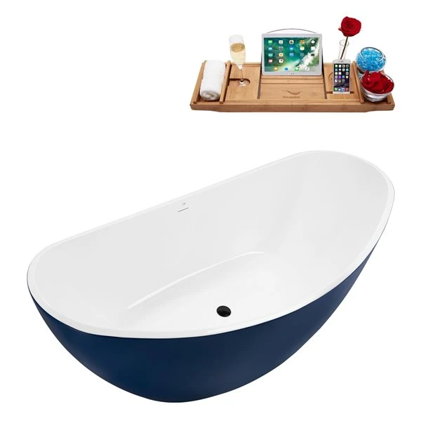 Streamline 35W X 75L Matte Dark Blue Acrylic Bathtub And A Matte Black Center Drain With Tray - Image 2