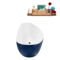 Streamline 35W X 75L Matte Dark Blue Acrylic Bathtub And A Matte Black Center Drain With Tray