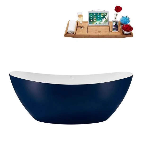 Streamline 35W X 75L Matte Dark Blue Acrylic Bathtub And A Matte Black Center Drain With Tray - Image 4