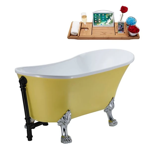 Streamline 27W X 55L Matte Yellow Acrylic Clawfoot Bathtub With Polished Chrome Feet And Reversible Drain With Tray - Image 3