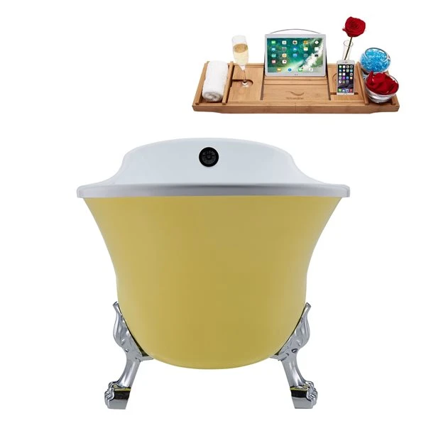 Streamline 27W X 55L Matte Yellow Acrylic Clawfoot Bathtub With Polished Chrome Feet And Reversible Drain With Tray