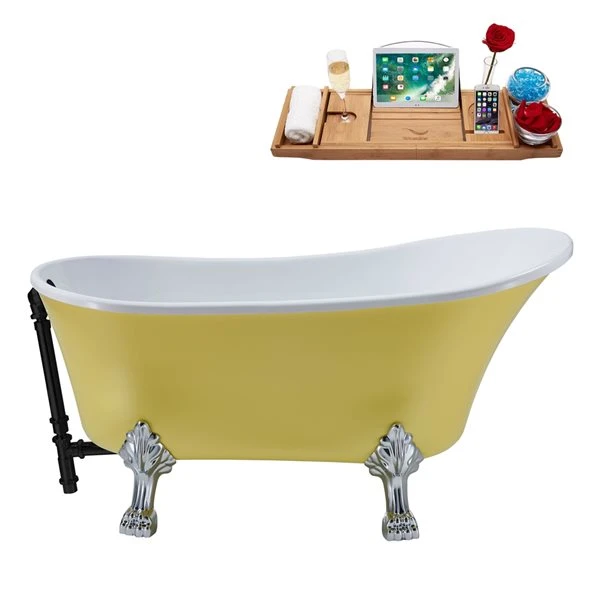 Streamline 27W X 55L Matte Yellow Acrylic Clawfoot Bathtub With Polished Chrome Feet And Reversible Drain With Tray - Image 5