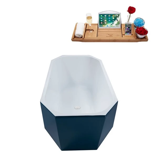Streamline 29W X 63L Matte Light Blue Acrylic Bathtub And A Glossy White Center Drain With Tray