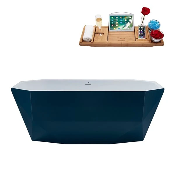 Streamline 29W X 63L Matte Light Blue Acrylic Bathtub And A Glossy White Center Drain With Tray - Image 5