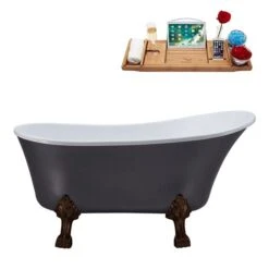 Streamline 27W X 55L Matte Grey Acrylic Clawfoot Bathtub With Matte Oil Rubbed Bronze Feet And Reversible Drain With Tray