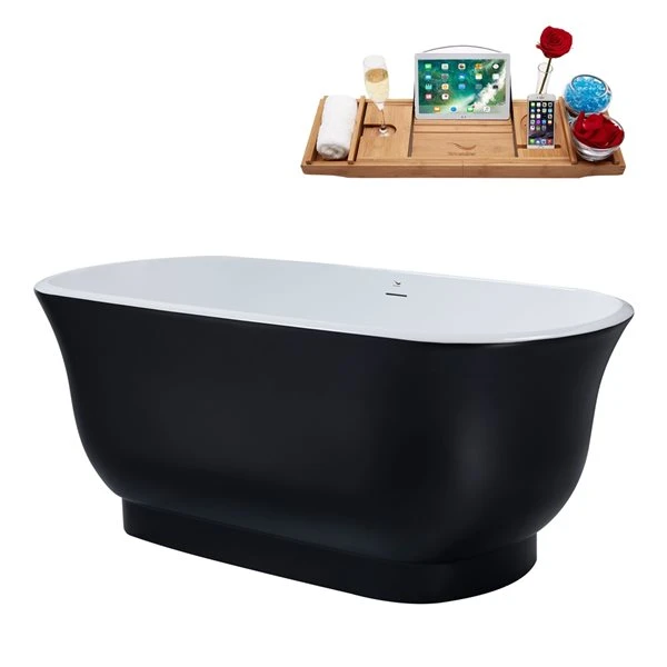 Streamline 28W X 59L Matte Black Acrylic Bathtub And A Brushed Nickel Center Drain With Tray