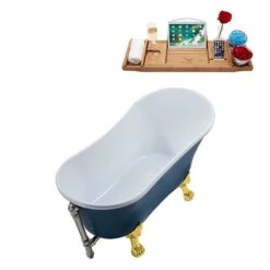 Streamline 27W X 55L Matte Light Blue Acrylic Clawfoot Bathtub With Polished Gold Feet And Reversible Drain With Tray