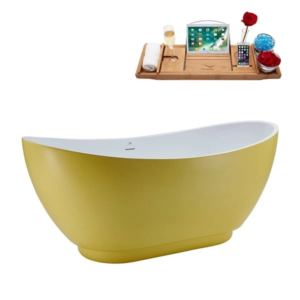 Streamline 28W X 62L Matte Yellow Acrylic Bathtub And A Polished Gold Center Drain With Tray - Image 5