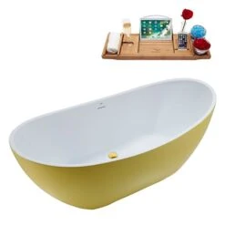 Streamline 28W X 62L Matte Yellow Acrylic Bathtub And A Polished Gold Center Drain With Tray