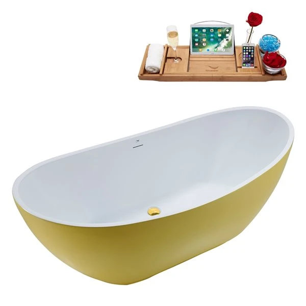 Streamline 28W X 62L Matte Yellow Acrylic Bathtub And A Polished Gold Center Drain With Tray
