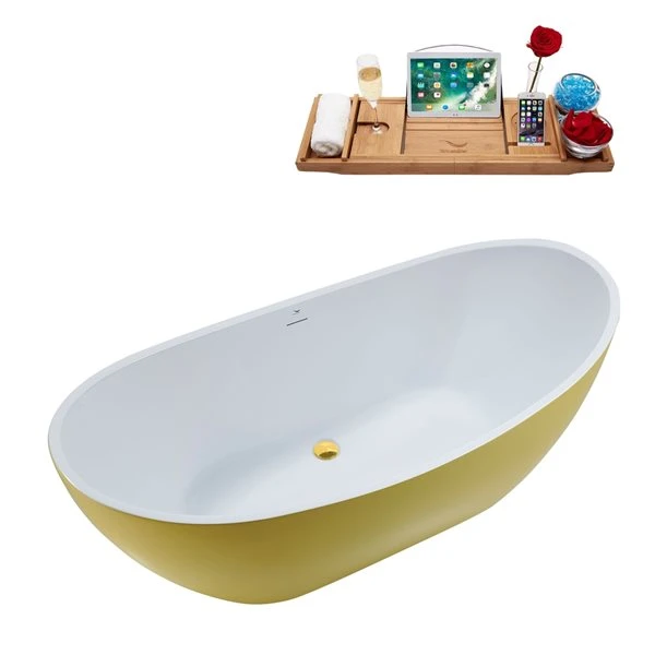 Streamline 28W X 62L Matte Yellow Acrylic Bathtub And A Polished Gold Center Drain With Tray - Image 4