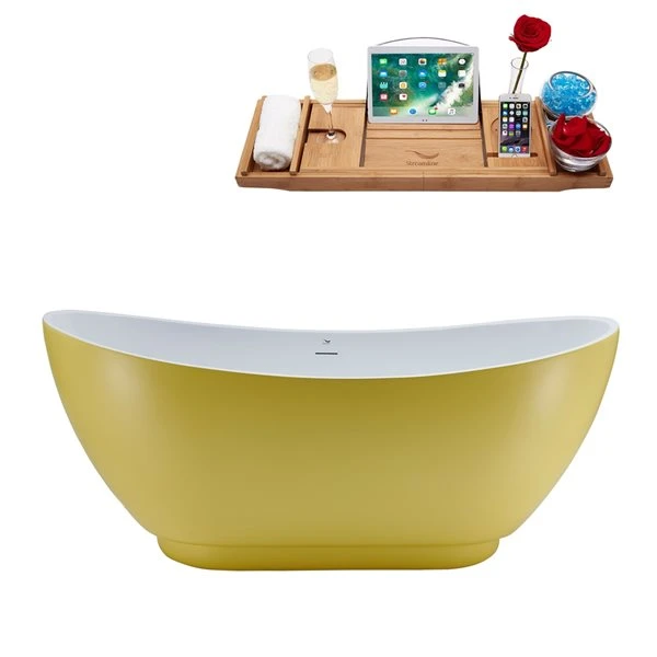 Streamline 28W X 62L Matte Yellow Acrylic Bathtub And A Polished Gold Center Drain With Tray - Image 2