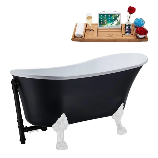 Streamline 28W X 63L Matte Black Acrylic Clawfoot Bathtub With Glossy White Feet And Reversible Drain With Tray - Image 4