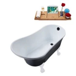 Streamline 28W X 63L Matte Black Acrylic Clawfoot Bathtub With Glossy White Feet And Reversible Drain With Tray
