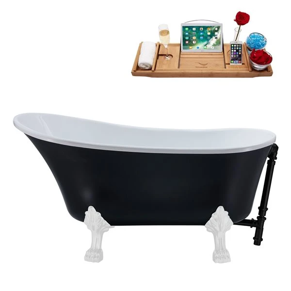 Streamline 28W X 63L Matte Black Acrylic Clawfoot Bathtub With Glossy White Feet And Reversible Drain With Tray - Image 5