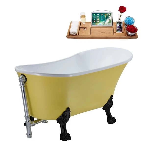 Streamline 27W X 55L Matte Yellow Acrylic Clawfoot Bathtub With Matte Black Feet And Reversible Drain With Tray - Image 4
