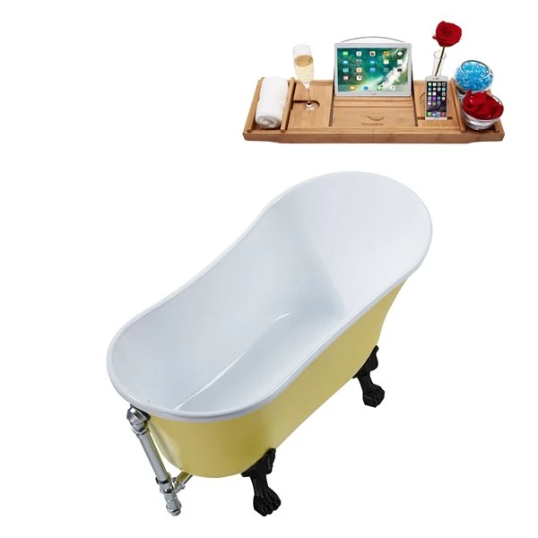 Streamline 27W X 55L Matte Yellow Acrylic Clawfoot Bathtub With Matte Black Feet And Reversible Drain With Tray