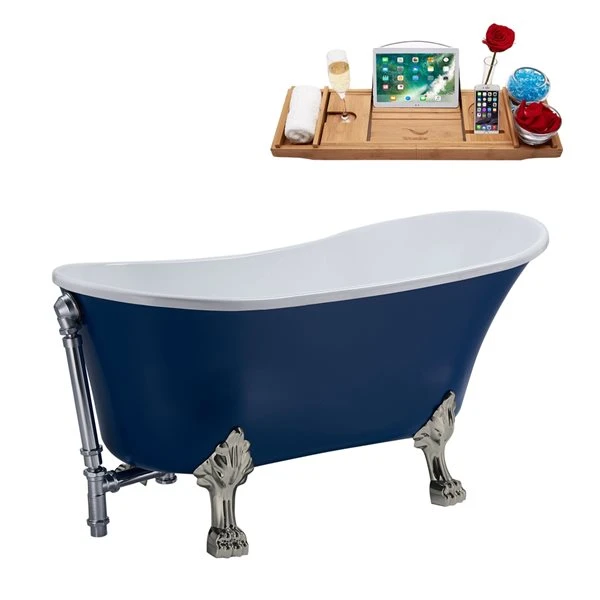 Streamline 28W X 63L Matte Dark Blue Acrylic Clawfoot Bathtub With Brushed Nickel Feet And Reversible Drain With Tray - Image 5