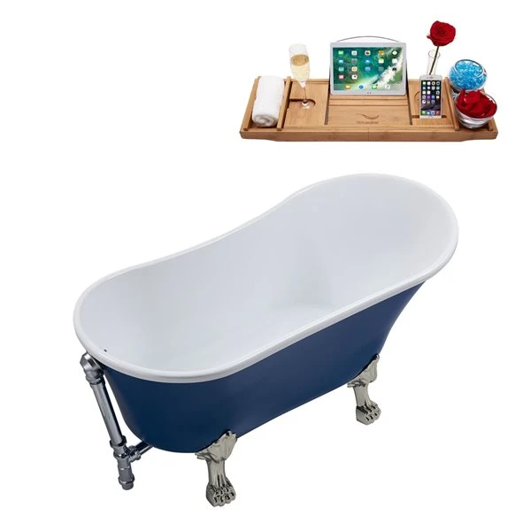 Streamline 28W X 63L Matte Dark Blue Acrylic Clawfoot Bathtub With Brushed Nickel Feet And Reversible Drain With Tray - Image 4