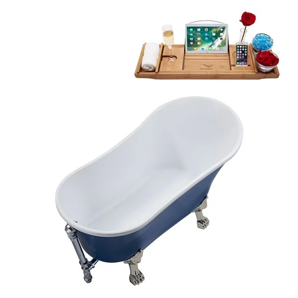 Streamline 28W X 63L Matte Dark Blue Acrylic Clawfoot Bathtub With Brushed Nickel Feet And Reversible Drain With Tray - Image 3