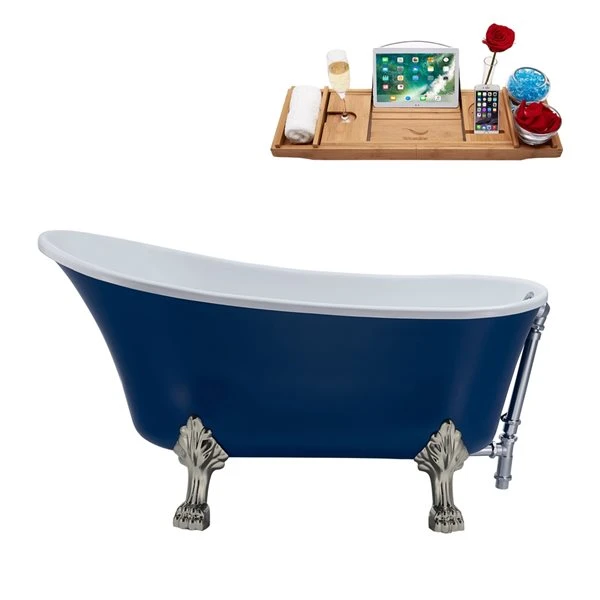 Streamline 28W X 63L Matte Dark Blue Acrylic Clawfoot Bathtub With Brushed Nickel Feet And Reversible Drain With Tray - Image 2
