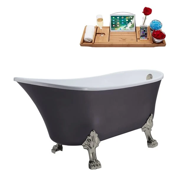 Streamline 27W X 55L Matte Grey Acrylic Clawfoot Bathtub With Brushed Nickel Feet And Reversible Drain With Tray - Image 3