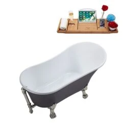 Streamline 27W X 55L Matte Grey Acrylic Clawfoot Bathtub With Brushed Nickel Feet And Reversible Drain With Tray