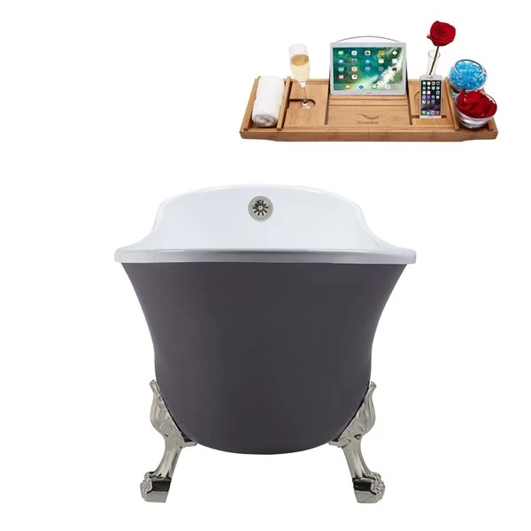 Streamline 27W X 55L Matte Grey Acrylic Clawfoot Bathtub With Brushed Nickel Feet And Reversible Drain With Tray - Image 5