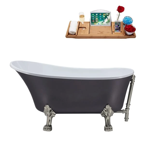Streamline 27W X 55L Matte Grey Acrylic Clawfoot Bathtub With Brushed Nickel Feet And Reversible Drain With Tray - Image 4
