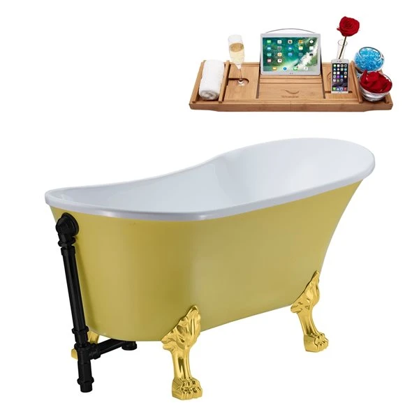 Streamline 27W X 55L Matte Yellow Acrylic Clawfoot Bathtub With Polished Gold Feet And Reversible Drain With Tray - Image 2