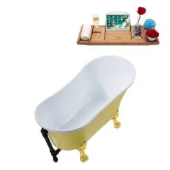 Streamline 27W X 55L Matte Yellow Acrylic Clawfoot Bathtub With Polished Gold Feet And Reversible Drain With Tray